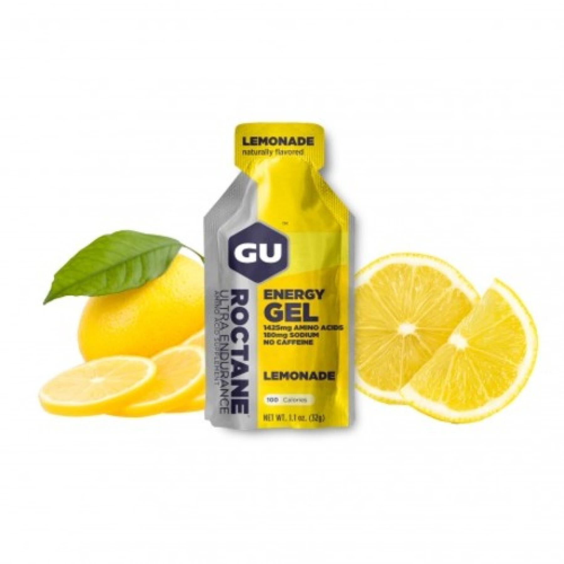 Förpackning med 24 roctane gels Gu Energy limonade sans caféine