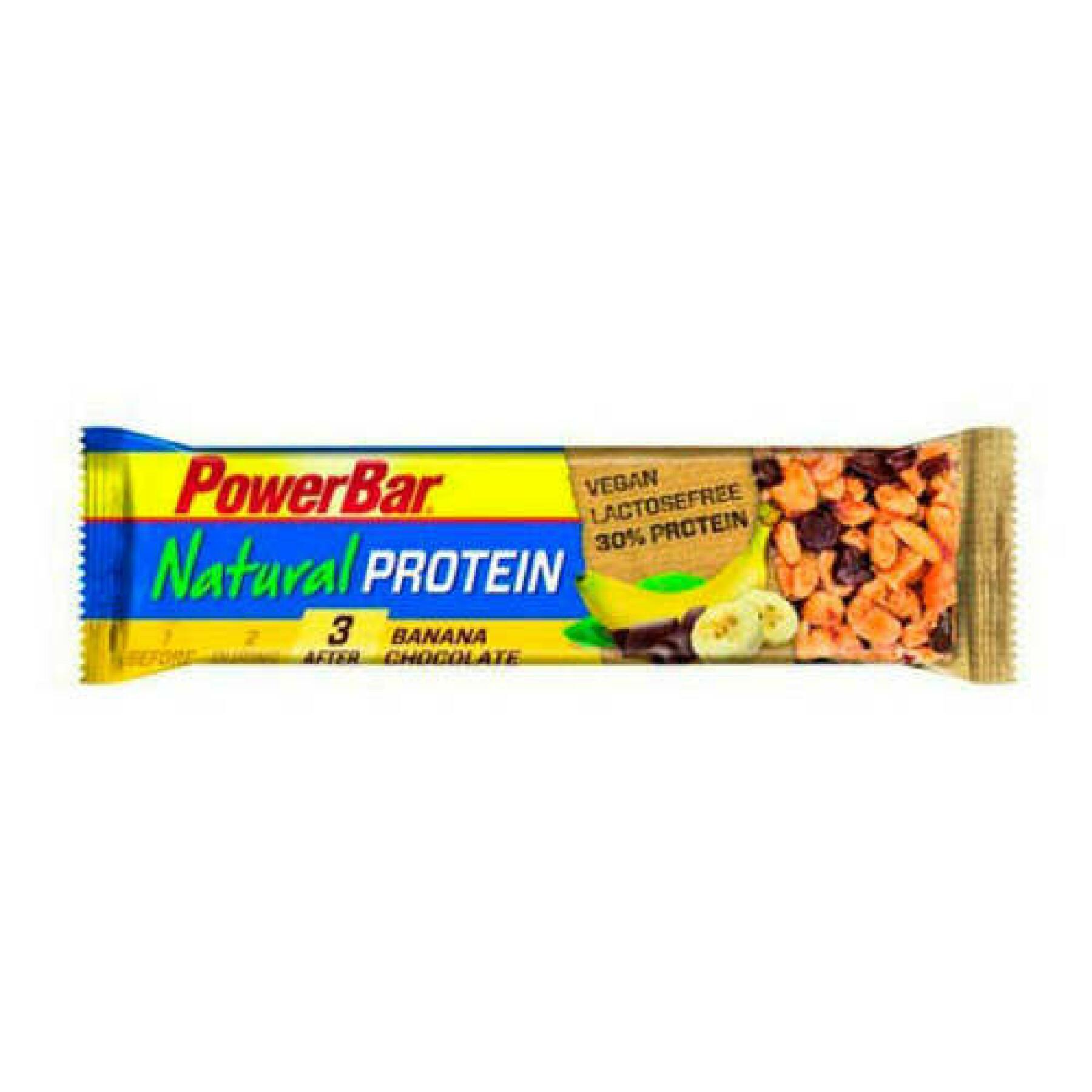 Förpackning med 24 bars PowerBar Natural Protein Vegan - Banana Chocolate