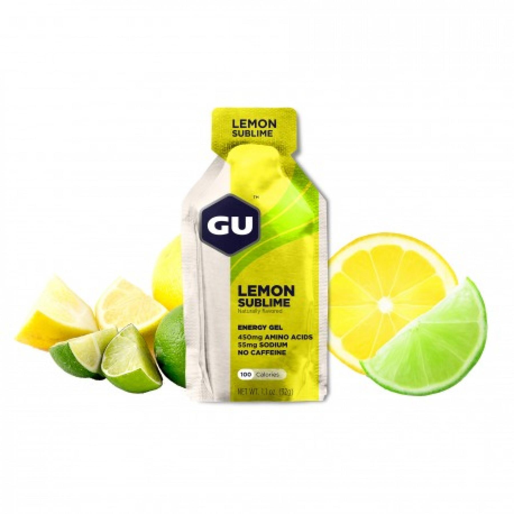 Förpackning med 24 geler Gu Energy citron intense sans caféine