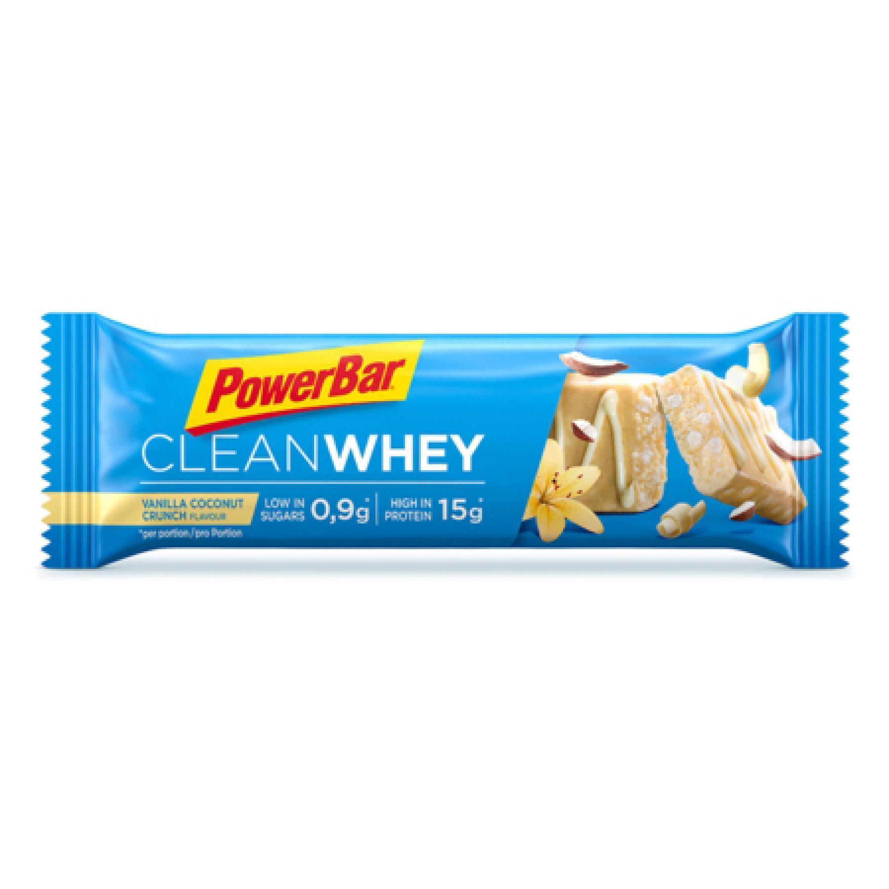 Förpackning med 18 bars PowerBar Clean Whey - Vanilla Coconut Crunch