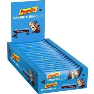 Förpackning med 20 bars PowerBar 52% ProteinPlus Low Sugar Cookies & Cream